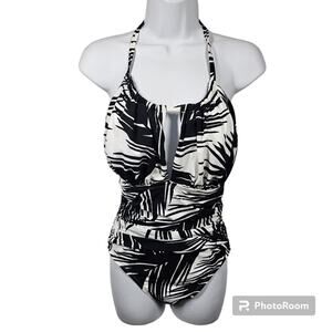La Blanca High Neck Keyhole Tropical Black White One Piece Swimsuit NWT Size 6
